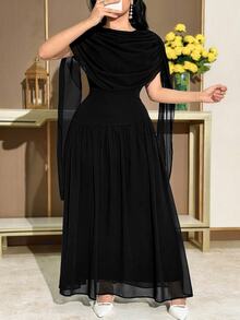 Feyla Plus Size Women's Elegant Formal Party Dinner Cocktail Banquet Black Ruched Batwing Sleeve Waist Cinched Dress Summer Halloween - Black - View 5