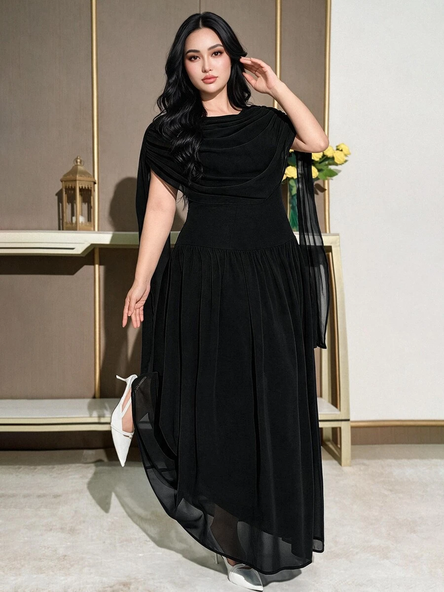 Feyla Plus Size Women's Elegant Formal Party Dinner Cocktail Banquet Black Ruched Batwing Sleeve Waist Cinched Dress Summer Halloween - Black - View 1
