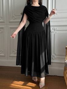 Feyla Plus Size Women's Elegant Formal Party Dinner Cocktail Banquet Black Ruched Batwing Sleeve Waist Cinched Dress Summer Halloween - Black - View 4