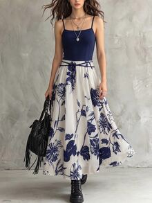 Franclia Plus Size Women's Elegant Romantic Floral Print Spaghetti Strap Vacation Dress Party Date Night Navy Blue Summer - Navy Blue - View 4
