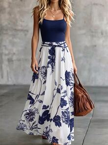 Franclia Plus Size Women's Elegant Romantic Floral Print Spaghetti Strap Vacation Dress Party Date Night Navy Blue Summer - Navy Blue - View 6