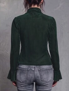 Linhara CURVE Blus Wanita Ukuran Besar Musim Gugur/Dingin Model Baru, Rajutan Beludru Bergaris, Lengan Lonceng, Kerah Renda, Patchwork, Kancing Depan, Elegan, Seksi, Atasan Musim Gugur - Dark Green - View 2