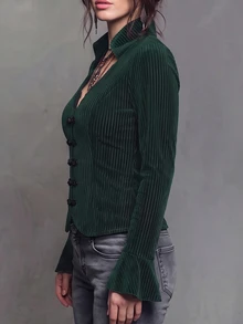 Linhara CURVE Blus Wanita Ukuran Besar Musim Gugur/Dingin Model Baru, Rajutan Beludru Bergaris, Lengan Lonceng, Kerah Renda, Patchwork, Kancing Depan, Elegan, Seksi, Atasan Musim Gugur - Dark Green - View 4