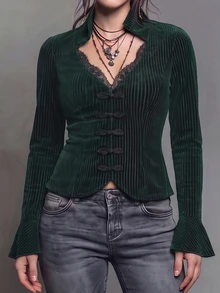 Linhara CURVE Blus Wanita Ukuran Besar Musim Gugur/Dingin Model Baru, Rajutan Beludru Bergaris, Lengan Lonceng, Kerah Renda, Patchwork, Kancing Depan, Elegan, Seksi, Atasan Musim Gugur - Dark Green - View 3