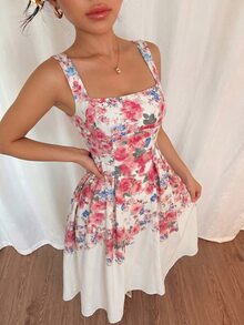 Modelyn Women's Multicolor Apricot Woven Placement Digital Print Tie-Waist A-Line Midi Dress, Spring/ Dresses Outfits For Parties Date Night, Special Occasion - Multicolor - View 5