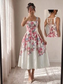 Modelyn Women's Multicolor Apricot Woven Placement Digital Print Tie-Waist A-Line Midi Dress, Spring/ Dresses Outfits For Parties Date Night, Special Occasion - Multicolor - View 1