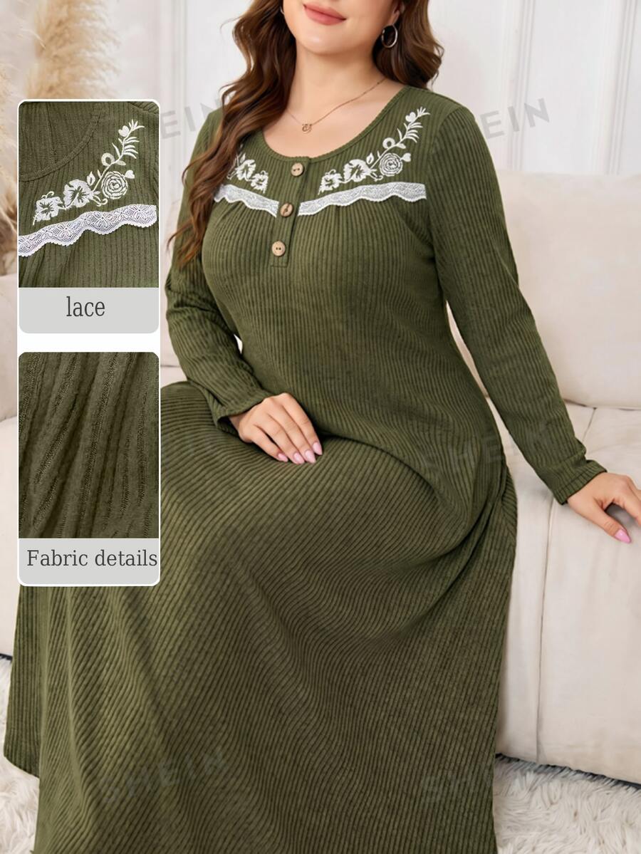 Seusyu Plus Size Women Lace Patchwork Casual Party Dress - Green - View 1