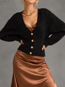 Omancia Women's Autumn V-Neck Cable Knit Long Sleeve Cardigan Sweater - Black - View 4