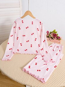 SHEIN 女童大童愛心圖案V領半開鈕扣前襟荷葉邊長袖居家休閒睡衣套裝 2件組 柔軟舒適 秋冬/四季款 - 彩色 - 查看 2