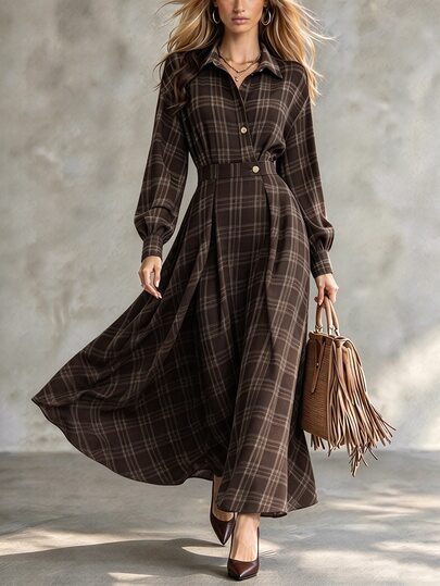 SHEIN Regular Women's Lapel Collar Dropped Shoulder Long Sleeve Cinched Waist A-Line Long Dress For Outings, Vacations, Holidays And Travel