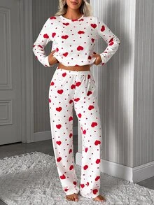 SHEIN Women Cute Heart Print Long Sleeve High Waist Comfy Pajama Set - Multicolor - View 4
