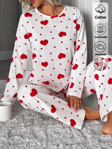 SHEIN Women Cute Heart Print Long Sleeve High Waist Comfy Pajama Set - Multicolor - View 7