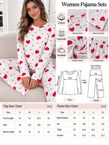 SHEIN Women Cute Heart Print Long Sleeve High Waist Comfy Pajama Set - Multicolor - View 3
