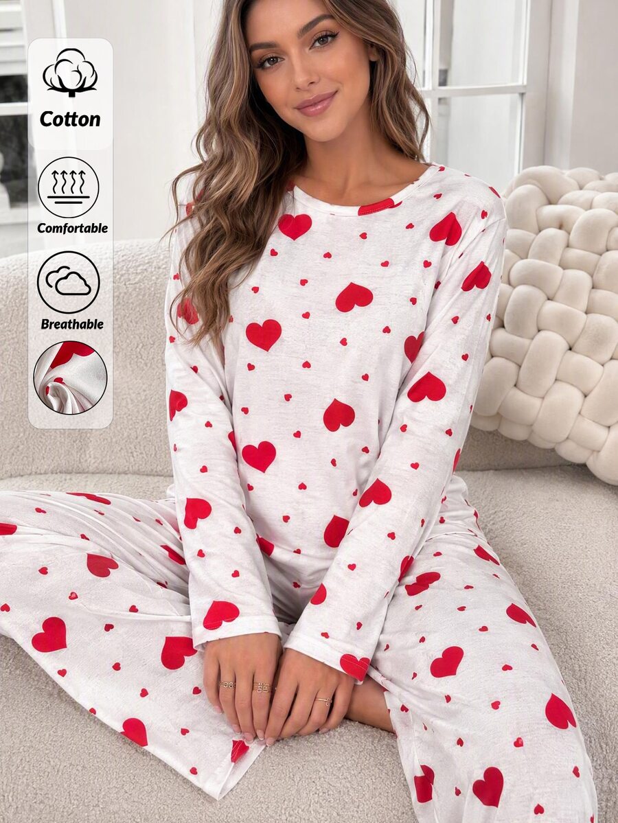 SHEIN Women Cute Heart Print Long Sleeve High Waist Comfy Pajama Set - Multicolor - View 1