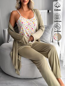 SHEIN طقم بيجامة نسائي 3 قطع متعدد الألوان ناعم الملمس مريح وكاجوال مع روب بأكمام طويلة وتوب كامي وبنطلون طويل بخصر عالي - متعدد الألوان - مشاهدة 7