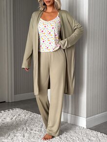 SHEIN طقم بيجامة نسائي 3 قطع متعدد الألوان ناعم الملمس مريح وكاجوال مع روب بأكمام طويلة وتوب كامي وبنطلون طويل بخصر عالي - متعدد الألوان - مشاهدة 4