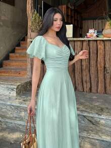 Modelyn 女款鼠尾草綠編織短袖收腰 A 字褶皺優雅浪漫中長洋裝，春夏茶會花園風 - 薄荷綠 - 查看 4
