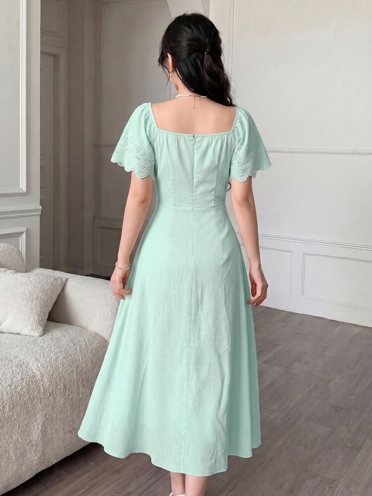 Modelyn Gaun Wanita Kuning Tenun Lengan Pendek dengan Lipatan Pinggang Model A-Line Elegan Romantis Panjang Sedang, Gaun Musim Semi/Panas untuk Wanita - Mint Green - View 2