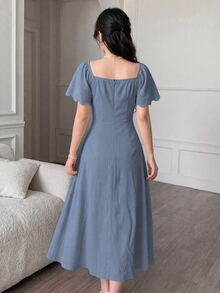 Modelyn Dusty Blue Sweetheart Neck Flutter Sleeve Midi Dress, Ruched Bust Flowy A Line Elegant Women Fall Wedding Guest Cocktail Party Dress - Dusty Blue - View 2