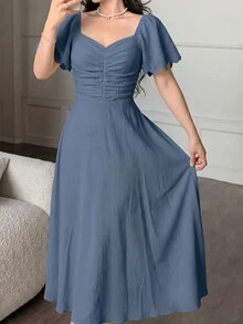 Modelyn Dusty Blue Sweetheart Neck Flutter Sleeve Midi Dress, Ruched Bust Flowy A Line Elegant Women Fall Wedding Guest Cocktail Party Dress - Dusty Blue - View 5