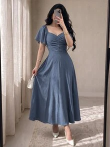 Modelyn Dusty Blue Sweetheart Neck Flutter Sleeve Midi Dress, Ruched Bust Flowy A Line Elegant Women Fall Wedding Guest Cocktail Party Dress - Dusty Blue - View 1