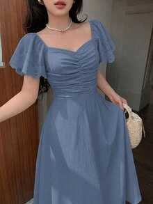 Modelyn Dusty Blue Sweetheart Neck Flutter Sleeve Midi Dress, Ruched Bust Flowy A Line Elegant Women Fall Wedding Guest Cocktail Party Dress - Dusty Blue - View 8