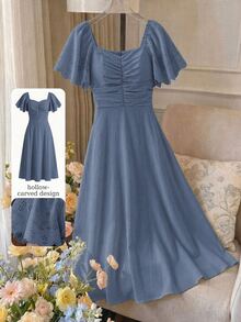 Modelyn Dusty Blue Sweetheart Neck Flutter Sleeve Midi Dress, Ruched Bust Flowy A Line Elegant Women Fall Wedding Guest Cocktail Party Dress - Dusty Blue - View 6