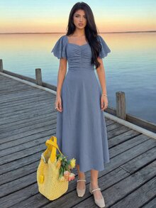 Modelyn Dusty Blue Sweetheart Neck Flutter Sleeve Midi Dress, Ruched Bust Flowy A Line Elegant Women Fall Wedding Guest Cocktail Party Dress - Dusty Blue - View 9