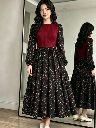 SHEIN Teen Girls Fall Dresses Pastoral Style Casual Black Patchwork Floral Long Sleeve Dress Ribbed Waist Puff Sleeves Christmas Party Formal Prom
