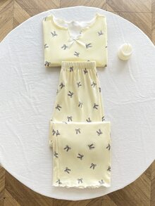 SHEIN Tween女孩蝴蝶結簡約百搭小蝴蝶結圖案V領半開襟荷葉邊長袖居家休閒睡衣套裝 2件組 柔軟舒適 秋冬/四季通用 - 彩色 - 查看 10