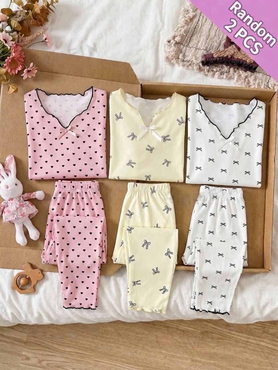 SHEIN Tween女孩蝴蝶結簡約百搭小蝴蝶結圖案V領半開襟荷葉邊長袖居家休閒睡衣套裝 2件組 柔軟舒適 秋冬/四季通用 - 彩色 - 查看 1