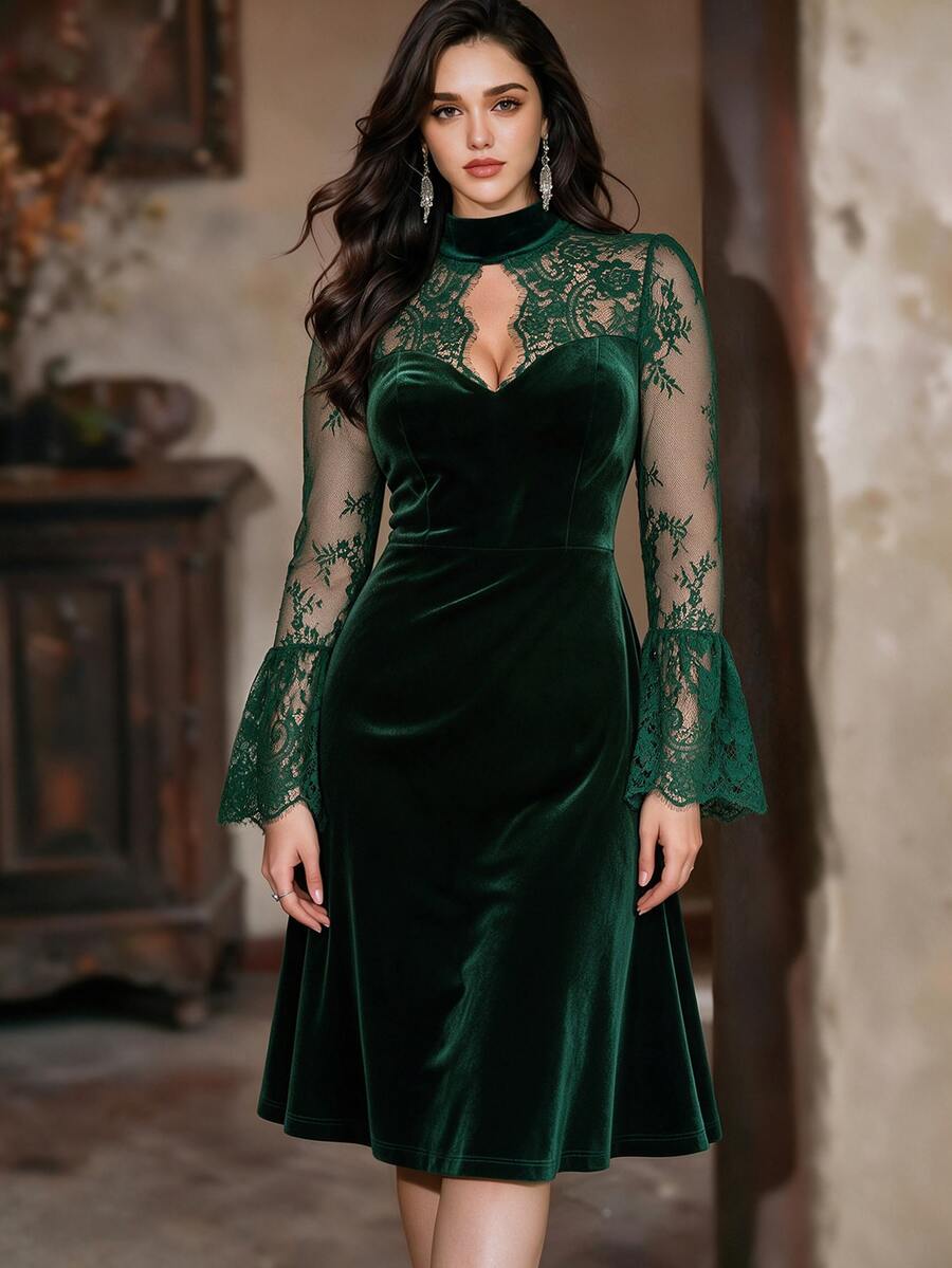 Auvina Plus Size Women Elegant Lace Patchwork Evening Dress - Dark Green - View 1