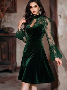 Auvina Plus Size Women Elegant Lace Patchwork Evening Dress - Dark Green - View 6