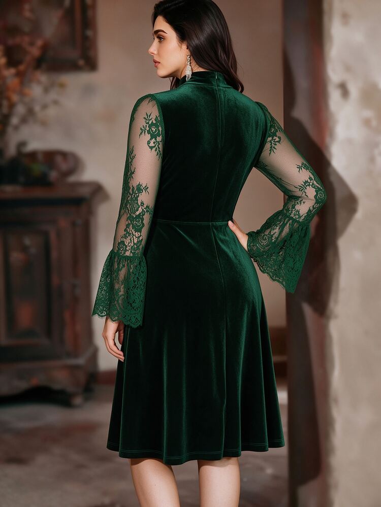 Auvina 大尺碼女款優雅蕾絲拼接晚禮服 - 墨綠色 - 查看 2