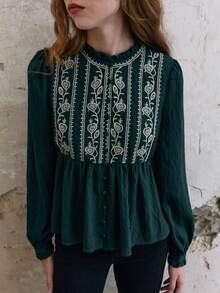 Nöista Áo blouse nữ màu xanh lá có thêu trước ngực, tạo độ phồng ở đường eo, phù hợp cho phong cách thường ngày, trang phục hằng ngày cho mùa thu đông - Màu xanh lá cây đậm - Xem 5