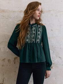 Nöista Áo blouse nữ màu xanh lá có thêu trước ngực, tạo độ phồng ở đường eo, phù hợp cho phong cách thường ngày, trang phục hằng ngày cho mùa thu đông - Màu xanh lá cây đậm - Xem 2