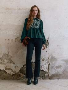 Nöista Áo blouse nữ màu xanh lá có thêu trước ngực, tạo độ phồng ở đường eo, phù hợp cho phong cách thường ngày, trang phục hằng ngày cho mùa thu đông - Màu xanh lá cây đậm - Xem 4