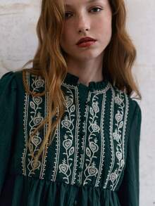 Nöista Áo blouse nữ màu xanh lá có thêu trước ngực, tạo độ phồng ở đường eo, phù hợp cho phong cách thường ngày, trang phục hằng ngày cho mùa thu đông - Màu xanh lá cây đậm - Xem 6