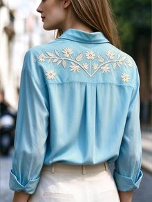Franclia 女款花卉印花長袖單排扣休閒浪漫優雅襯衫 度假秋季 - 淺藍色 - 查看 7