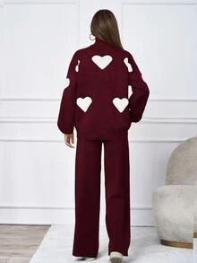 SHEIN طقم نسائي مقاس كبير لون عنابي سادة 2 قطعة/مجموعة كاجوال بنمط قلب، كنزة بياقة عالية & بنطال خصر عالي - عنابي اللون - مشاهدة 2