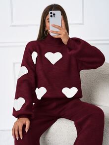 SHEIN طقم نسائي مقاس كبير لون عنابي سادة 2 قطعة/مجموعة كاجوال بنمط قلب، كنزة بياقة عالية & بنطال خصر عالي - عنابي اللون - مشاهدة 7