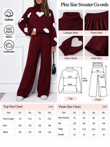 SHEIN طقم نسائي مقاس كبير لون عنابي سادة 2 قطعة/مجموعة كاجوال بنمط قلب، كنزة بياقة عالية & بنطال خصر عالي - عنابي اللون - مشاهدة 3