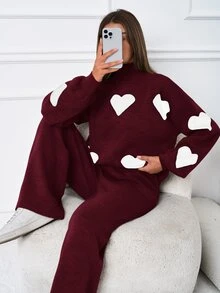 SHEIN طقم نسائي مقاس كبير لون عنابي سادة 2 قطعة/مجموعة كاجوال بنمط قلب، كنزة بياقة عالية & بنطال خصر عالي - عنابي اللون - مشاهدة 4