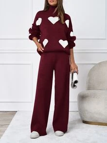 SHEIN طقم نسائي مقاس كبير لون عنابي سادة 2 قطعة/مجموعة كاجوال بنمط قلب، كنزة بياقة عالية & بنطال خصر عالي - عنابي اللون - مشاهدة 1