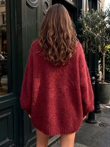 LUMIGAL 女款素色優雅百搭長袖針織衫街頭風 - 酒紅色 - 查看 2