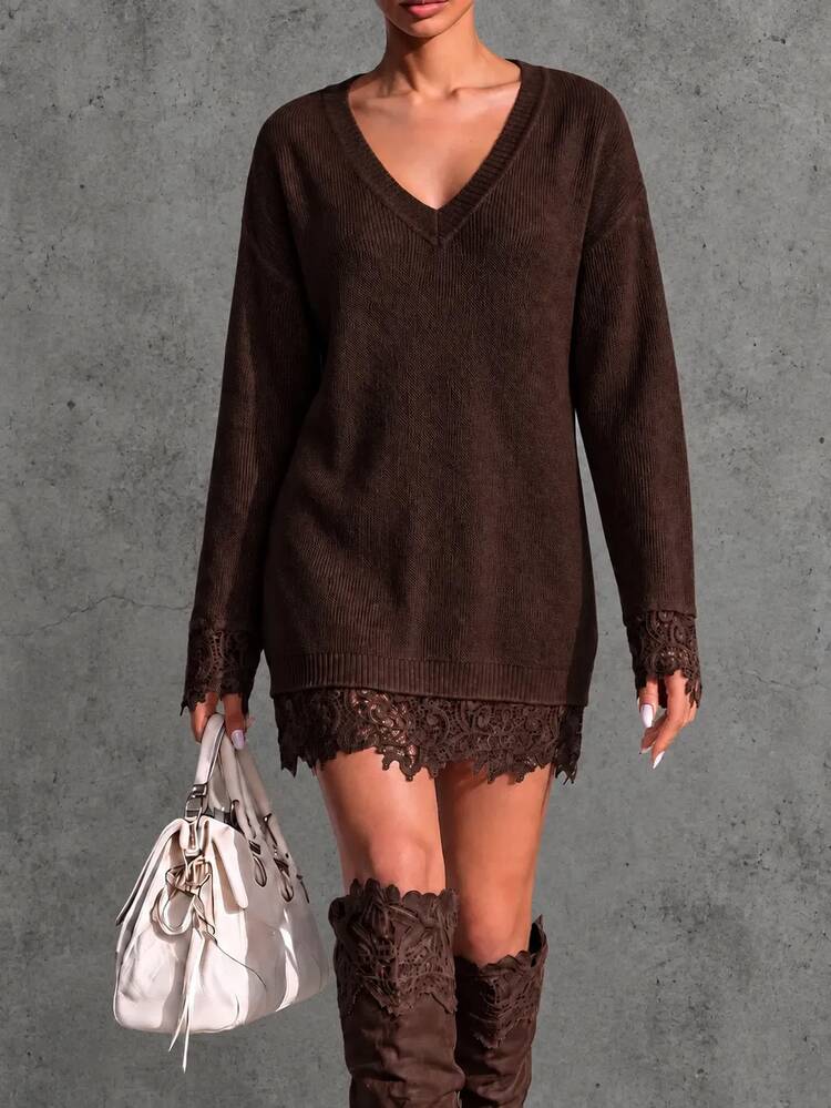 LUMIGAL Women's V-Neck Long Sleeve Lace Sweater Dress - Chocolate Brown - View 5
