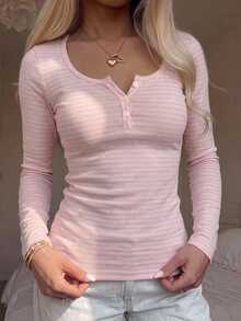 CovetEZ 女款休閒半鈕扣修身長袖T恤，條紋T恤，女款秋冬服飾，2000年代風格，Y2K，女款通勤穿搭，性感，鄉村風，時尚，基礎款，萬聖節，聖誕節，新年，派對，婚禮，外出 - 彩色 - 查看 2