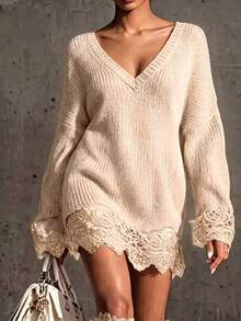 LUMIGAL Women's Long Sleeve Contrast Lace Hem V-Neck Knit Dress - Apricot - View 1