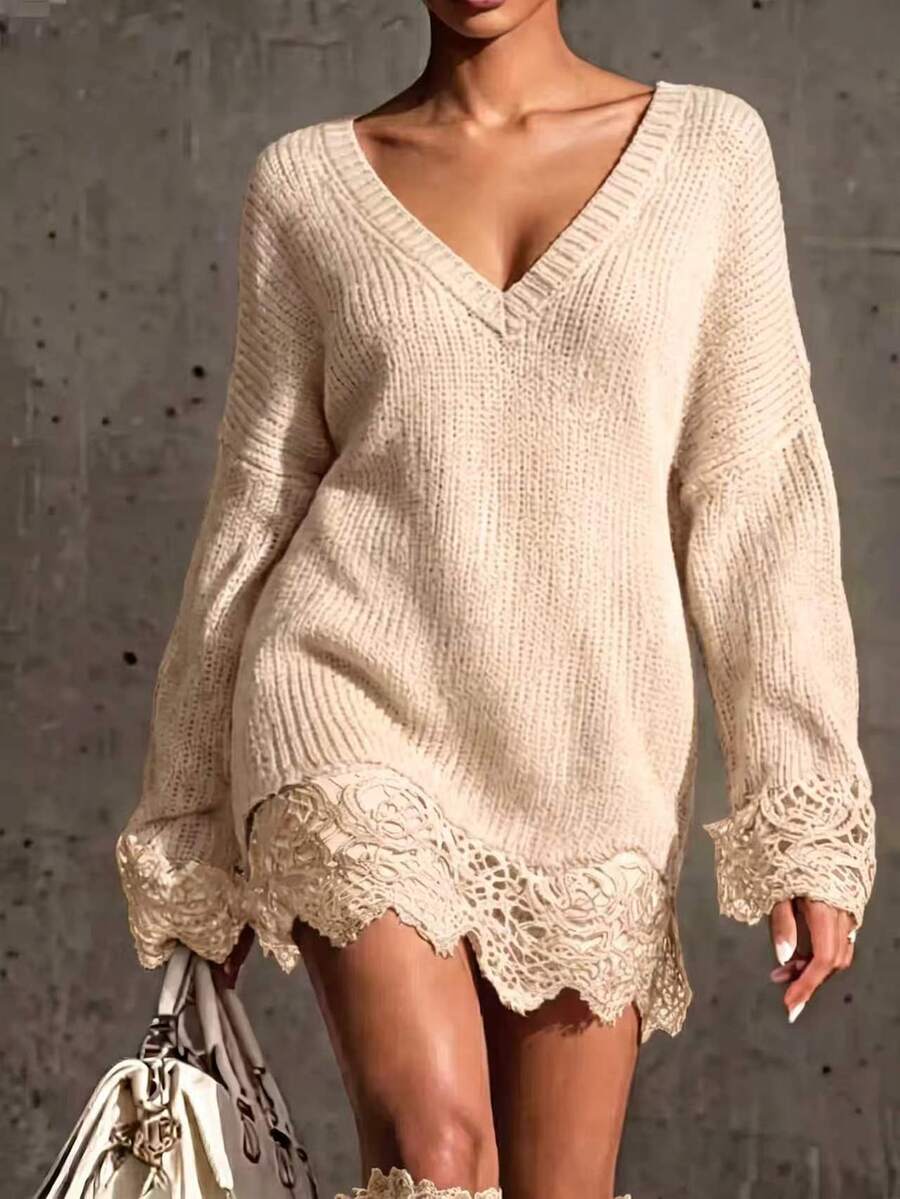 LUMIGAL Women's Long Sleeve Contrast Lace Hem V-Neck Knit Dress - Apricot - View 1