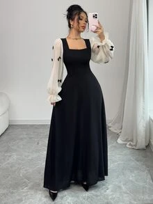 Modelyn Women Mixed Fabric Bowknot Decor 3D Floral Cinched Waist Woven Dress Fall Cloth For Women - Black - View 8